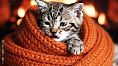 Cozy Kitten by Fireplace.