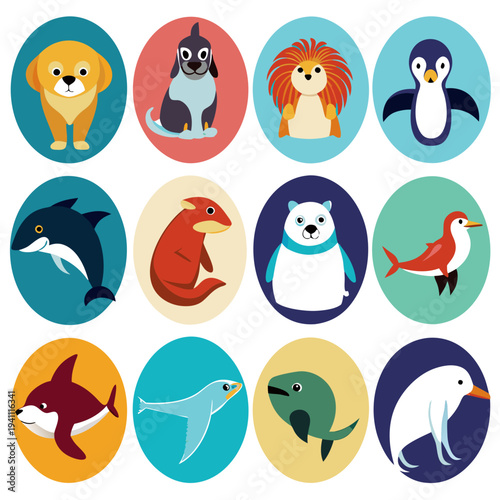 Collection of cute animal icons with flat design style