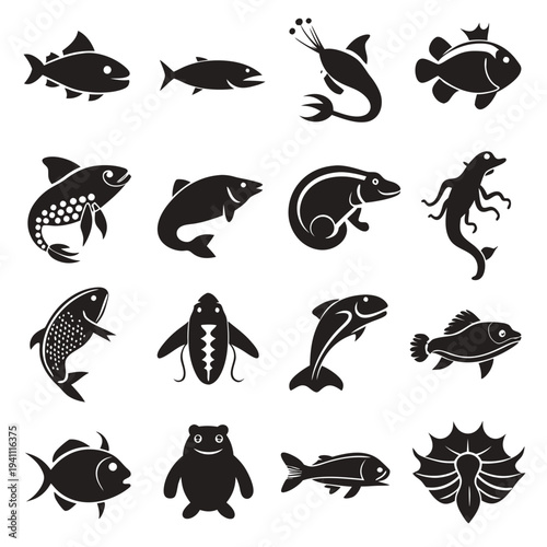Collection of black silhouette fish and sea life icons
