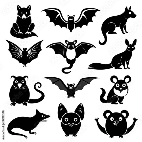 Collection of stylized silhouette animals on a white background