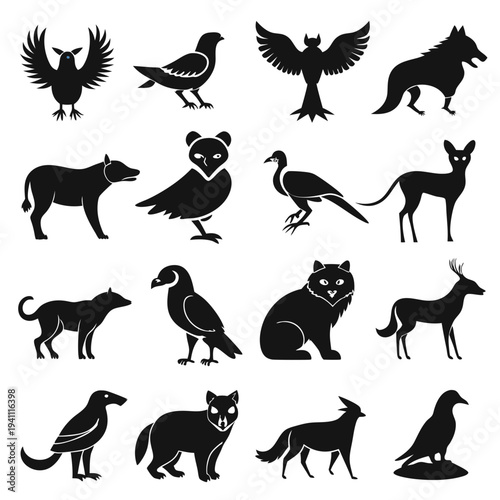 Diverse animal silhouette collection featuring birds and mammals
