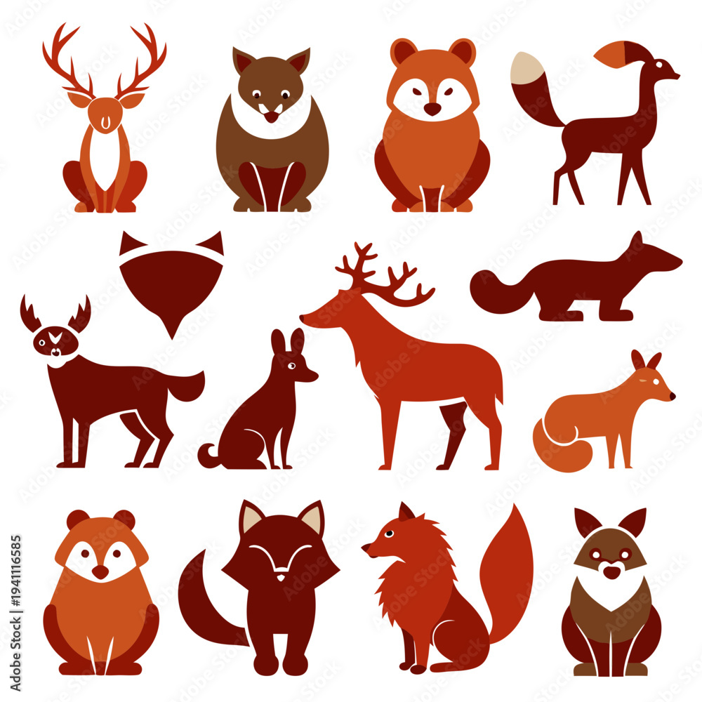 Fototapeta premium Flat woodland animals vector illustration set on white background