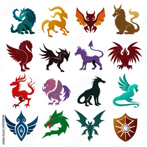 Assorted mythological creatures icons in varied colors and designs
