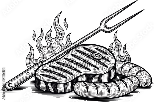 Grilled Meat BBQ Steak and Sausages with Flames Illustration