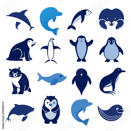 Collection of playful blue animals vector icons and illustrations
