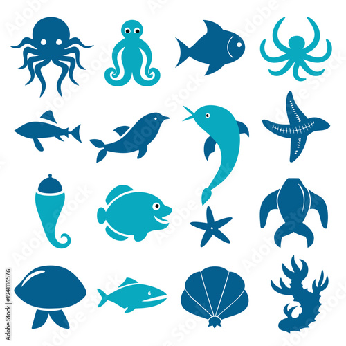 Marine Life Icons Graphic Collection Isolated on White Background