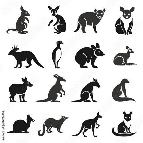 Collection of stylized Australian animal icons in silhouette