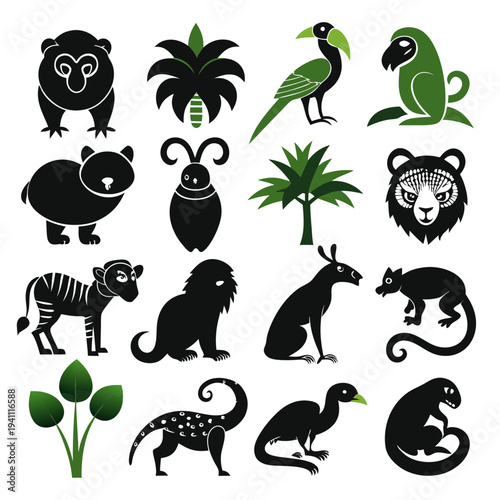 Flat graphic silhouette icons of jungle wildlife and plants