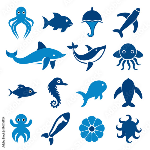 Collection of blue sea life icons on white background
