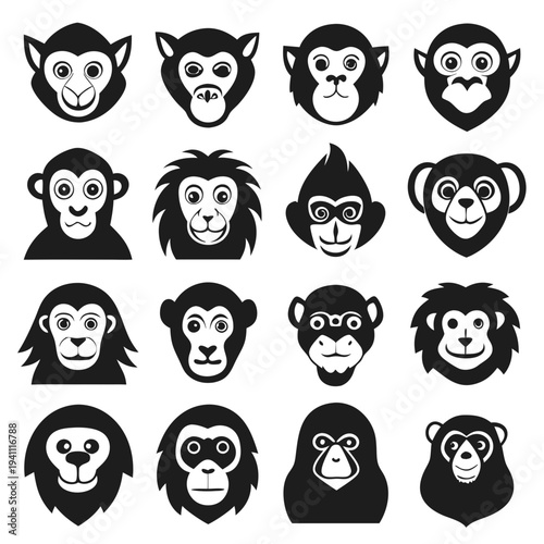 Collection of black and white monkey face vector icons