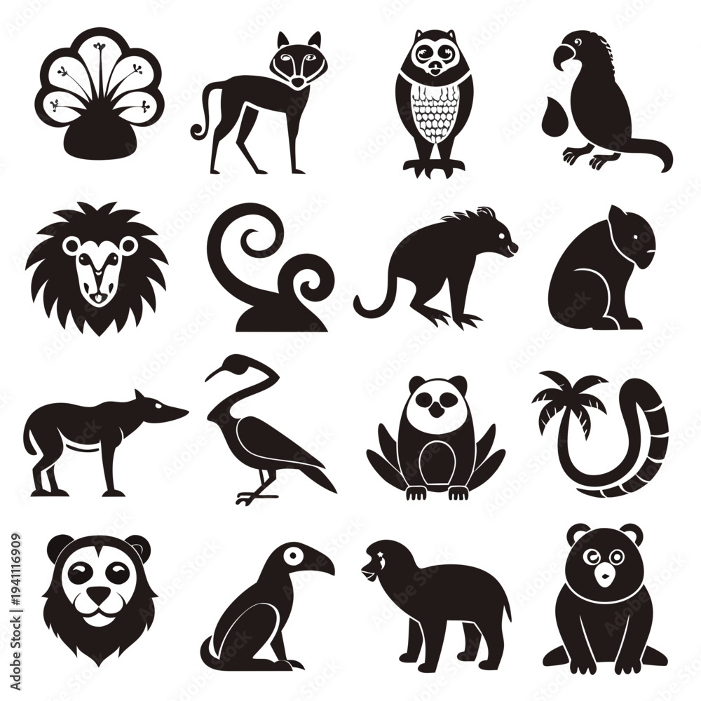 Naklejka premium Collection of sixteen stylized black and white animal icons