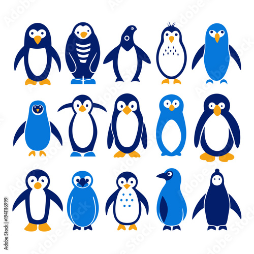 Collection of stylized penguins in different shapes and colors