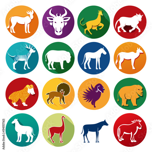 Flat Design Animal Icons on Colored Backgrounds Compilation