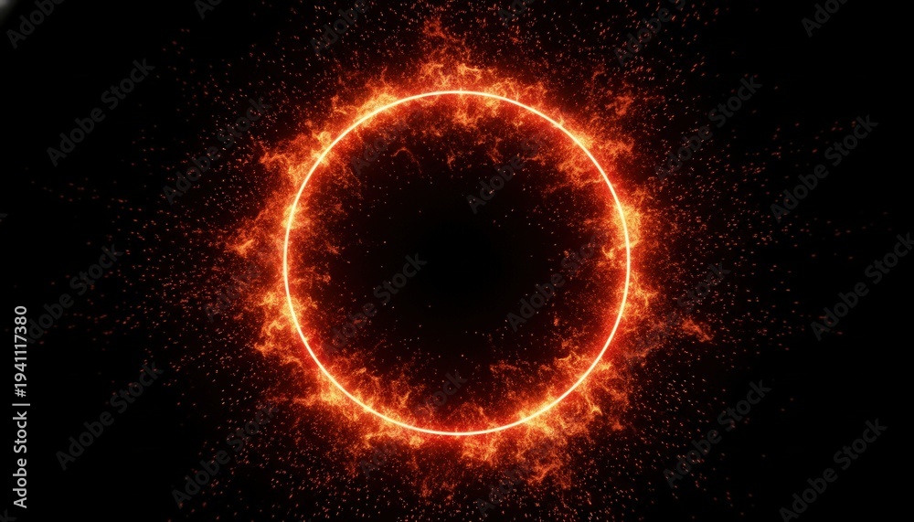 Fototapeta premium Fiery neon circular ring, orange and red glowing sparks radiating outward, cinematic dark background