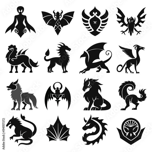 Collection of Black and White Mythical Creatures Icons