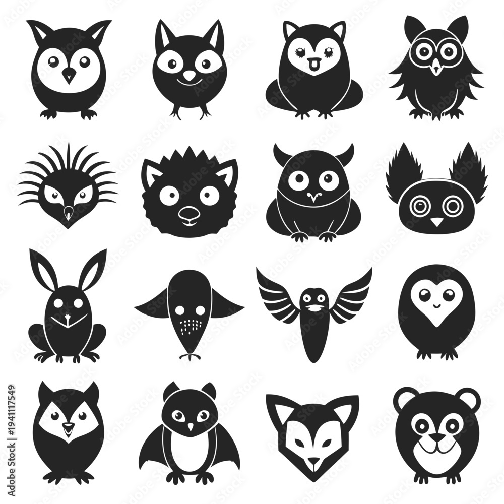 Fototapeta premium Assorted monochrome animal icon collection on white background