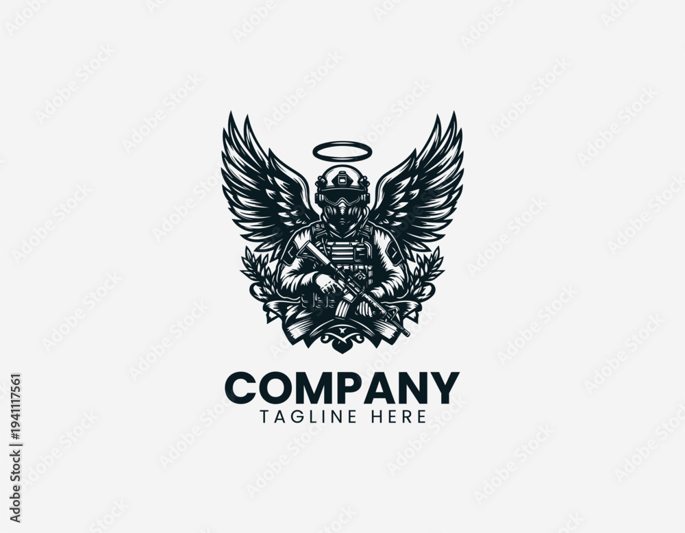 Obraz premium Guardian angel behind modern soldier black vector logo illustration isolated on white background