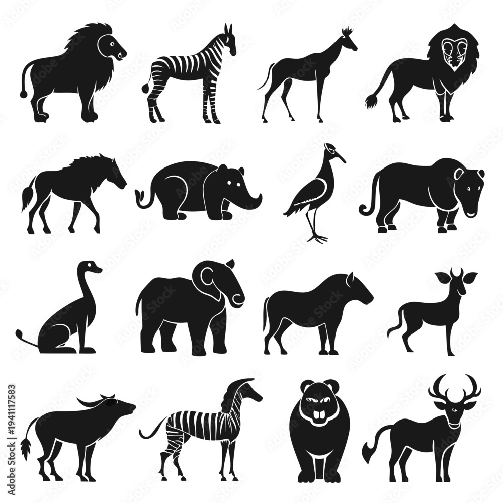 Naklejka premium Stylized black silhouette depictions of diverse wildlife animals