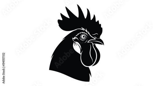A black rooster with a large comb and wattle