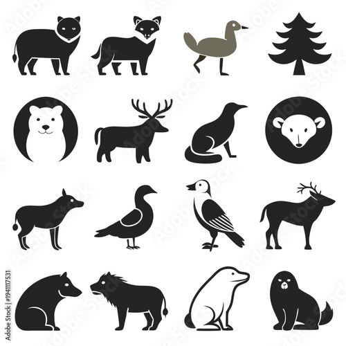 Assorted woodland creatures in simplistic black and white design