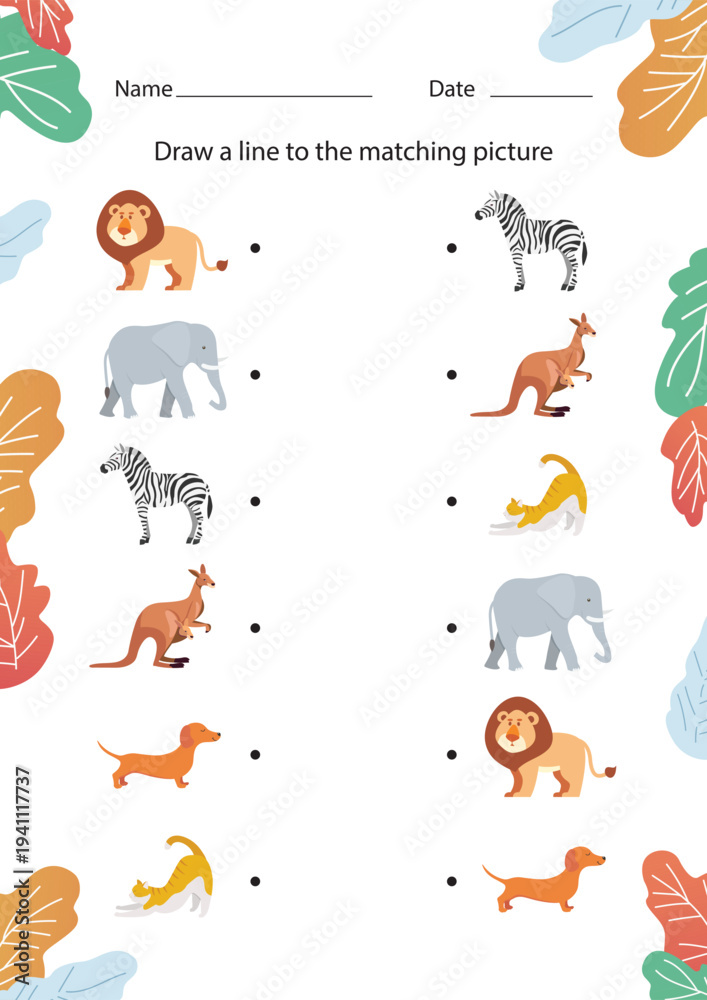 Fototapeta premium Animal Matching game Educational Sheet