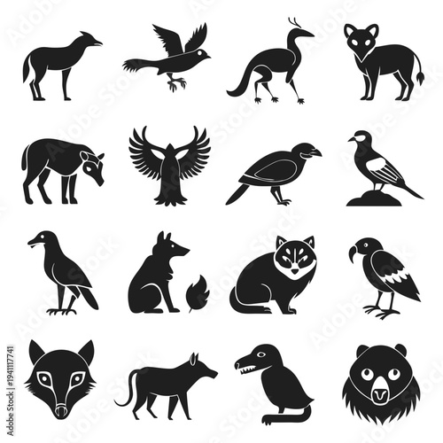 Monochrome vector silhouette set of various animals and birds