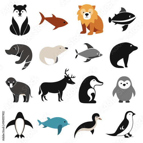 Collection of Various Animal Illustrations in Flat Graphic Style