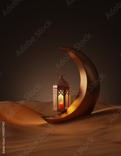 Golden Crescent Moon With Glowing Lantern on Desert Dunes – Ramadan Mubarak Theme