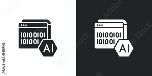 Browser window displaying binary code icon with artificial intelligence hexagon for software development programming. Filled single symbol. Flat style sign. Solid glyph vector illustration