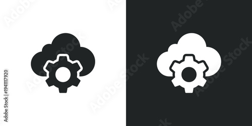 Cloud computing settings icon with gear symbol for data processing and network configuration management. Filled single symbol. Flat style sign. Solid glyph vector illustration