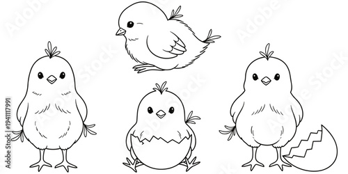 Cartoon baby chicks in different poses with cracked eggshells, playful children’s illustration design, cute animal art, flat vector illustration