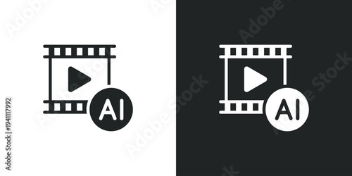 Film strip icon with play button and artificial intelligence symbol for automated video production. Filled single symbol. Flat style sign. Solid glyph vector illustration