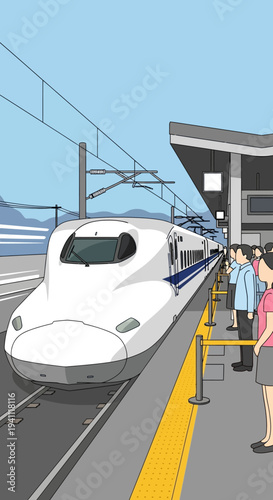 High-speed train arriving at a modern station platform with waiting passengers