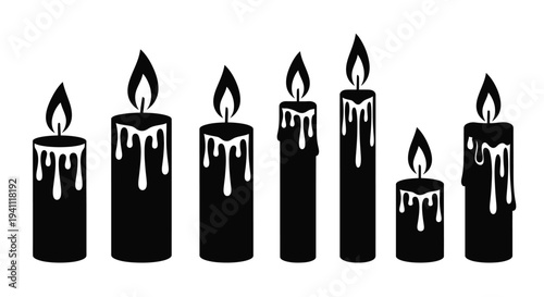 Black silhouette illustration of six dripping lit candles in a row