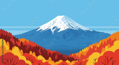Majestic Mount Fuji in Autumn, Vibrant Fall Foliage, Iconic Japanese Landscape