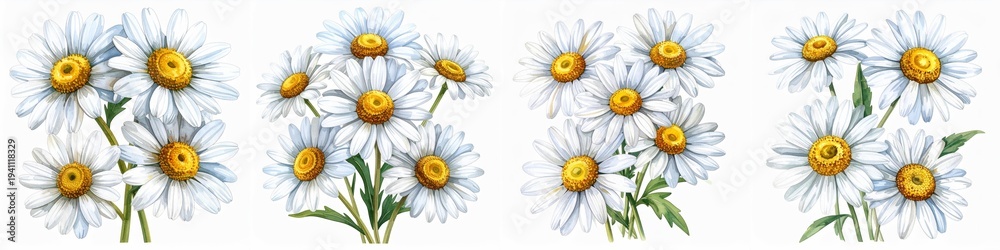 Fototapeta premium White daisy flowers with bright yellow centers and fresh green leaves painted in soft watercolor botanical style isolated on clean white background