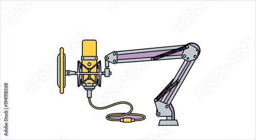 A cartoon illustration of a studio condenser microphone with boom arm