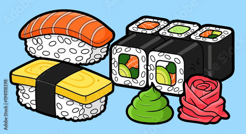 Assorted Sushi and Maki Rolls with Wasabi and Ginger on Blue Background
