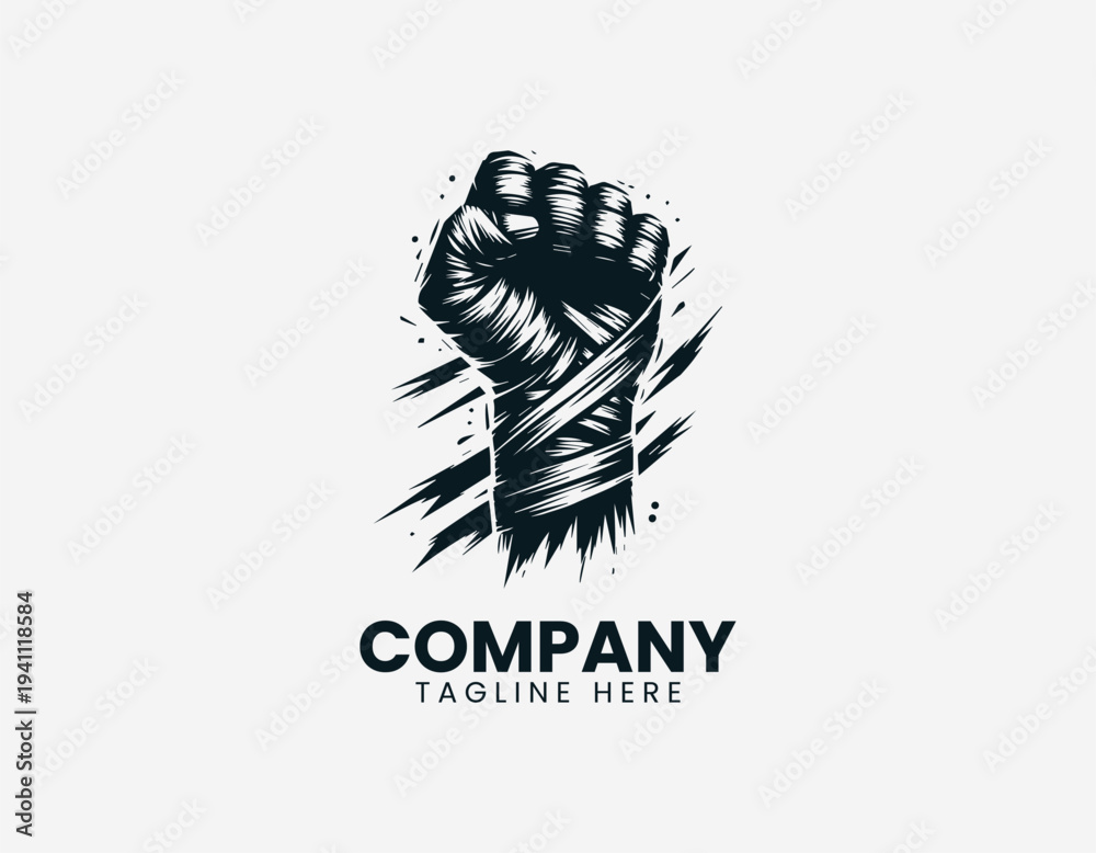 Fototapeta premium Clenched fist wrapped in bandages black vector logo illustration isolated on white background