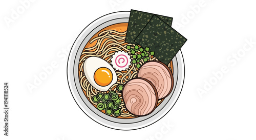 Delicious Ramen Bowl Top View: Noodles, Egg, Pork, Seaweed, Green Onions