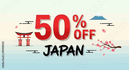 Japan Travel Sale Banner: 50% Off Promotion with Iconic Japanese Landmarks
