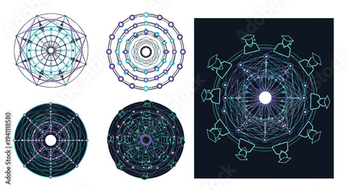 Abstract geometric patterns of interconnected nodes and lines in cyan tones