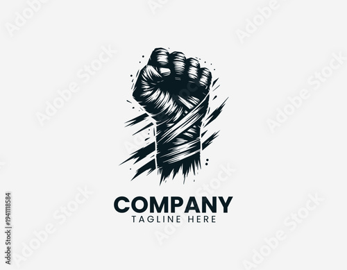 Clenched fist wrapped in bandages black vector logo illustration isolated on white background