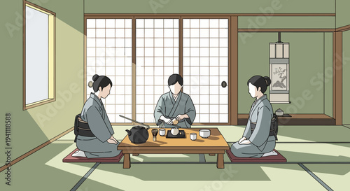 Japanese Tea Ceremony: Three people in traditional kimono enjoying matcha in a serene tatami room.