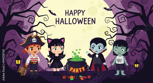 Group of cute children dressed in halloween costumes standing around a bubbling green cauldron for a spooky party.