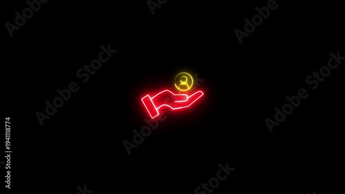 Hand holding a user icon. Neon Icon of Hand Holding Person Symbol animation. Glowing hand holding person icon with sparkles on black background.