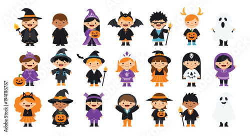 Diverse collection of happy children wearing various halloween costumes like ghosts, witches, and vampires for kids.