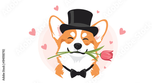 Adorable corgi dog wearing a black formal top hat and bow tie while holding a beautiful pink tulip in its mouth.