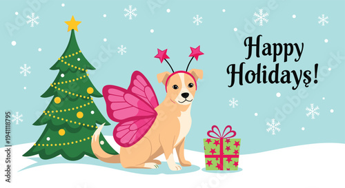 Sweet puppy wearing pink butterfly wings and a star headband sitting next to a decorated christmas tree and a gift.