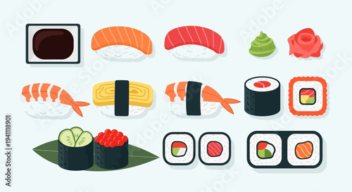 Assorted Sushi and Sashimi Collection Flat Lay